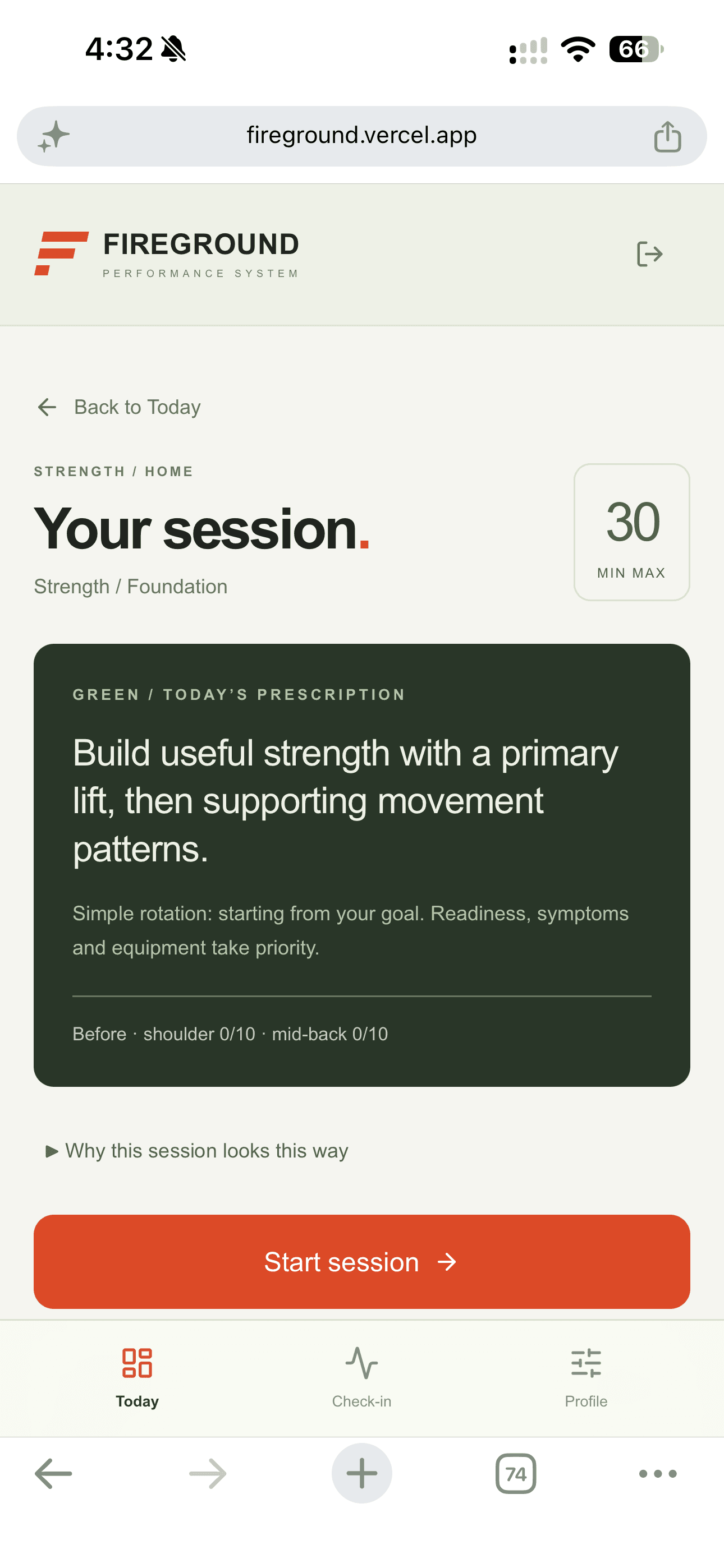 Actual FIREGROUND mobile session with a 30-minute strength prescription
