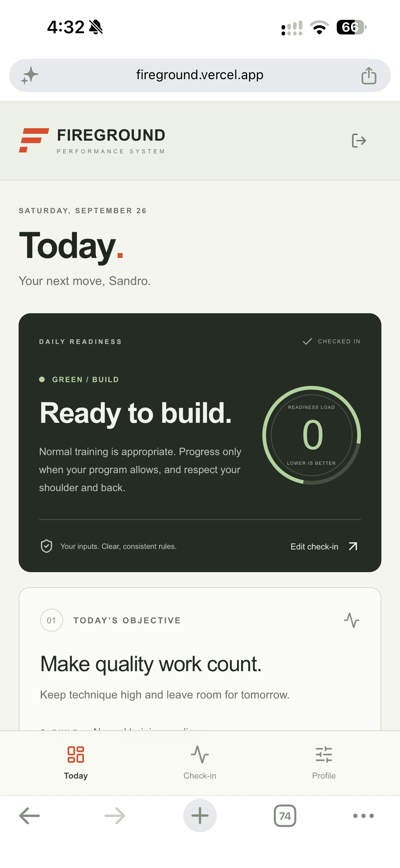 FIREGROUND Today screen with GREEN readiness, daily objective and time selection